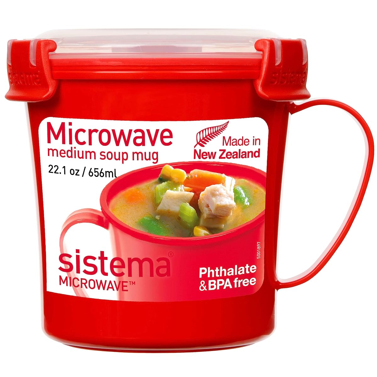 Mug à soupe rouge en plastique avec poignée intégrée et couvercle ventilé, posé sur un plan de cuisine.