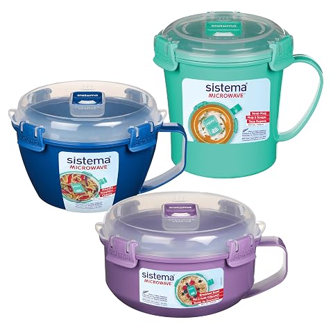 Lot de trois contenants Sistema avec couvercles, mug à soupe et bols à porridge et nouilles