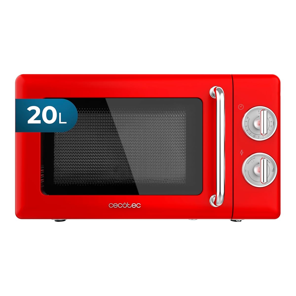Micro-ondes Cecotec rouge au style rétro posé sur un plan de travail en bois clair