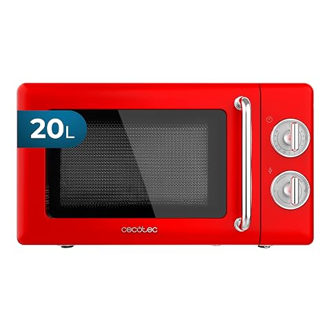 Micro-ondes Cecotec rouge au style rétro posé sur un plan de travail en bois clair