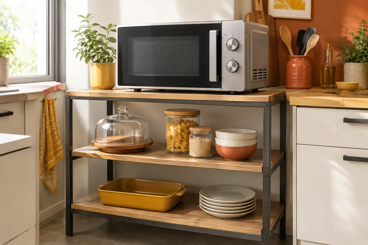 Desserte de cuisine avec micro-ondes bien ventilé et accessoires rangés sur les étagères inférieures
