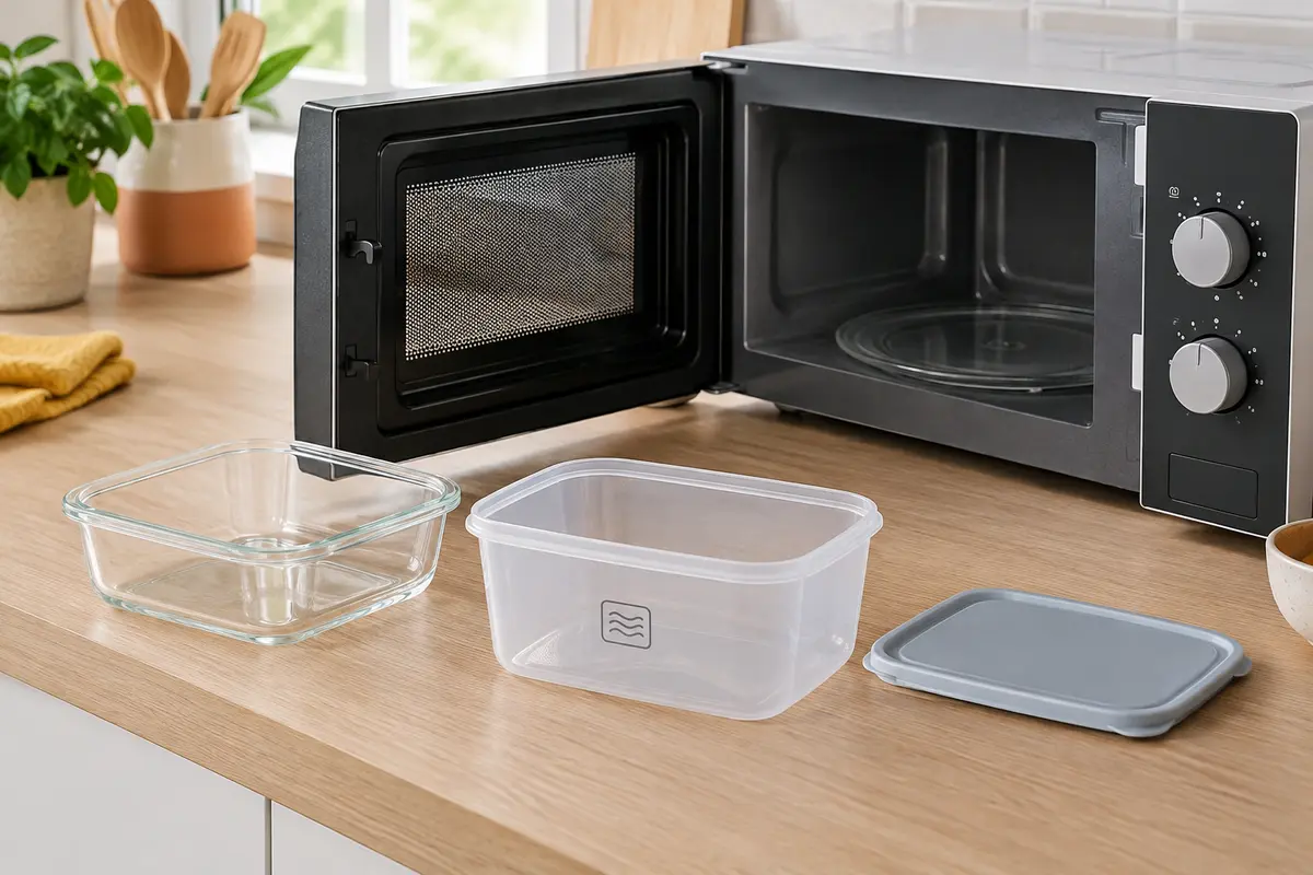 Boîte alimentaire en plastique et couvercle posés près d’un micro-ondes, avec un récipient en verre en alternative.