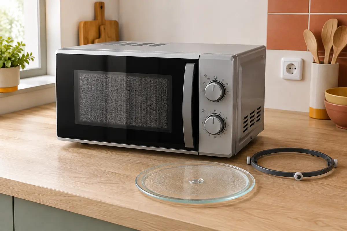 Micro-ondes éteint sur un plan stable, avec plateau en verre et couronne à roulettes à proximité.