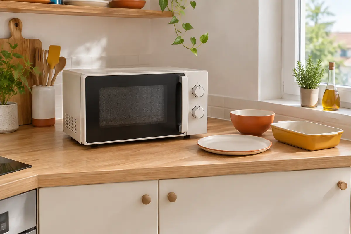 Micro-ondes compact sur un plan de travail, accompagné d’une assiette, d’un bol et d’un plat à comparer.