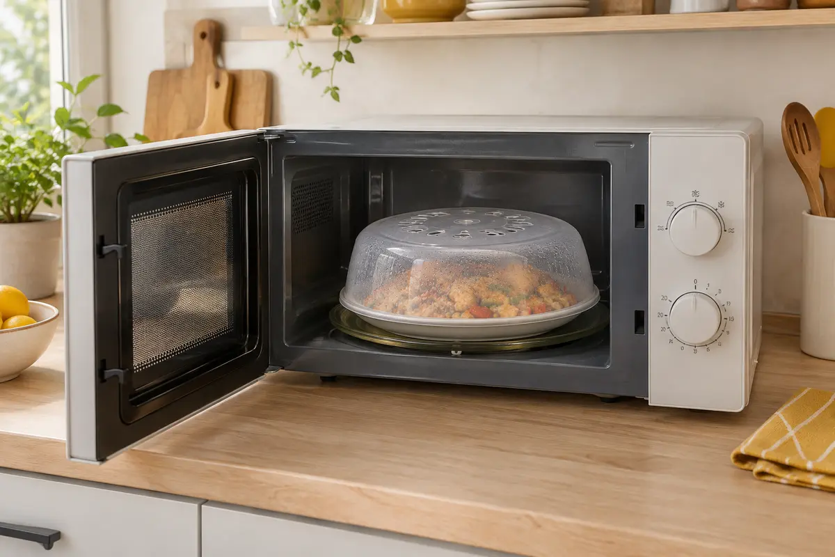 Cloche transparente aérée posée sur un plat dans un micro-ondes pour limiter les éclaboussures.