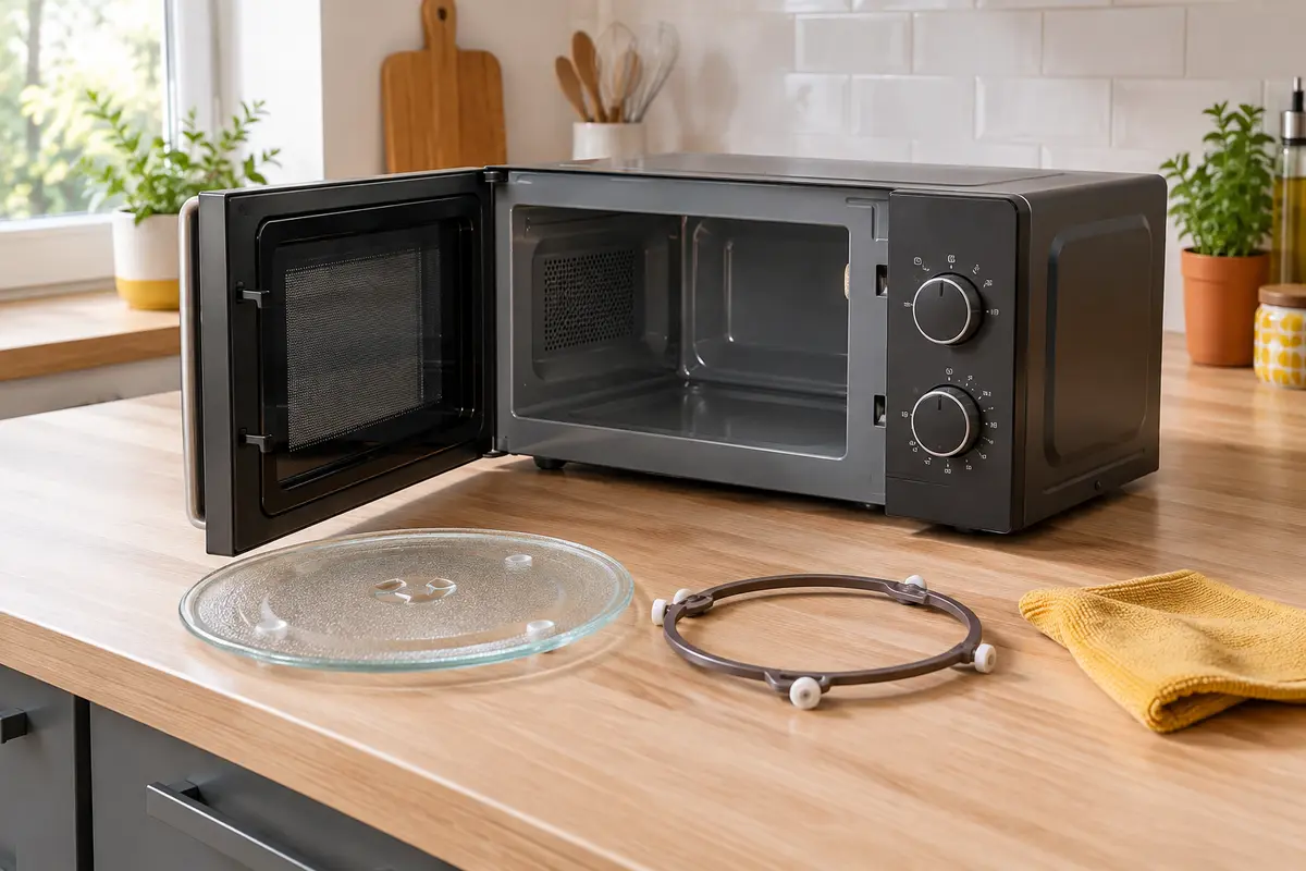 Micro-ondes à poser avec plateau tournant et couronne à roulettes illustrant l’entretien et les pièces remplaçables