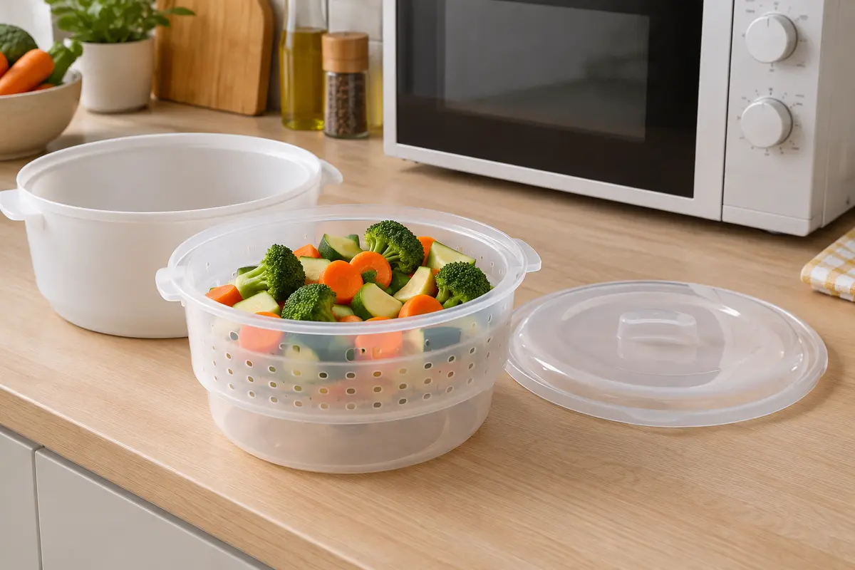 Cuiseur vapeur pour micro-ondes avec des morceaux réguliers de légumes dans son panier perforé.