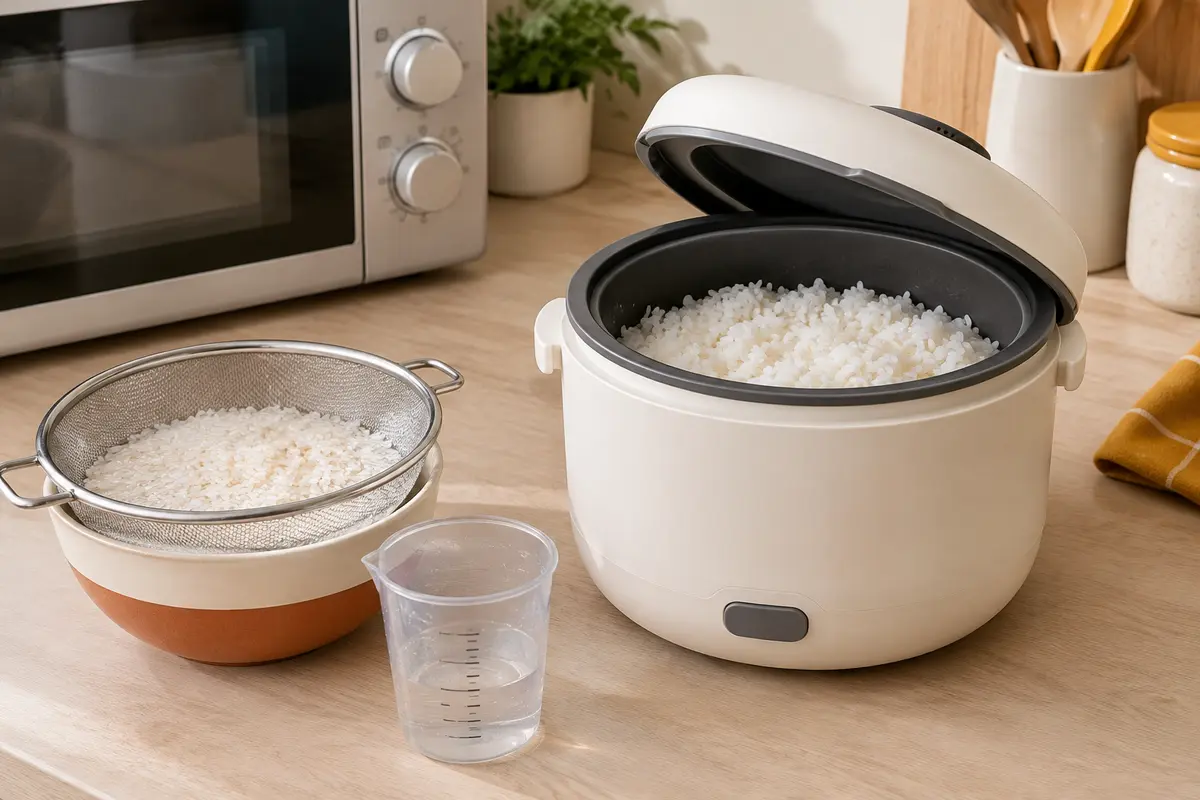 Cuiseur à riz pour micro-ondes avec du riz cuit, accompagné d’un verre doseur et de riz cru rincé