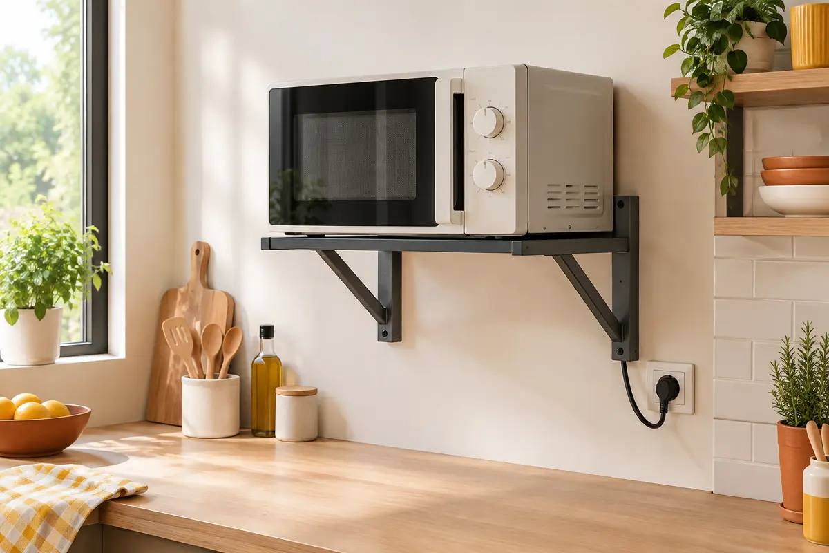 Micro-ondes posé sur un support mural dans une cuisine, avec les côtés et la prise accessibles.