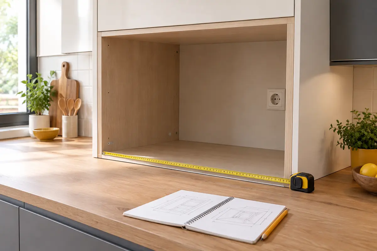 Niche de cuisine vide mesurée au mètre ruban avant l’installation d’un micro-ondes encastrable