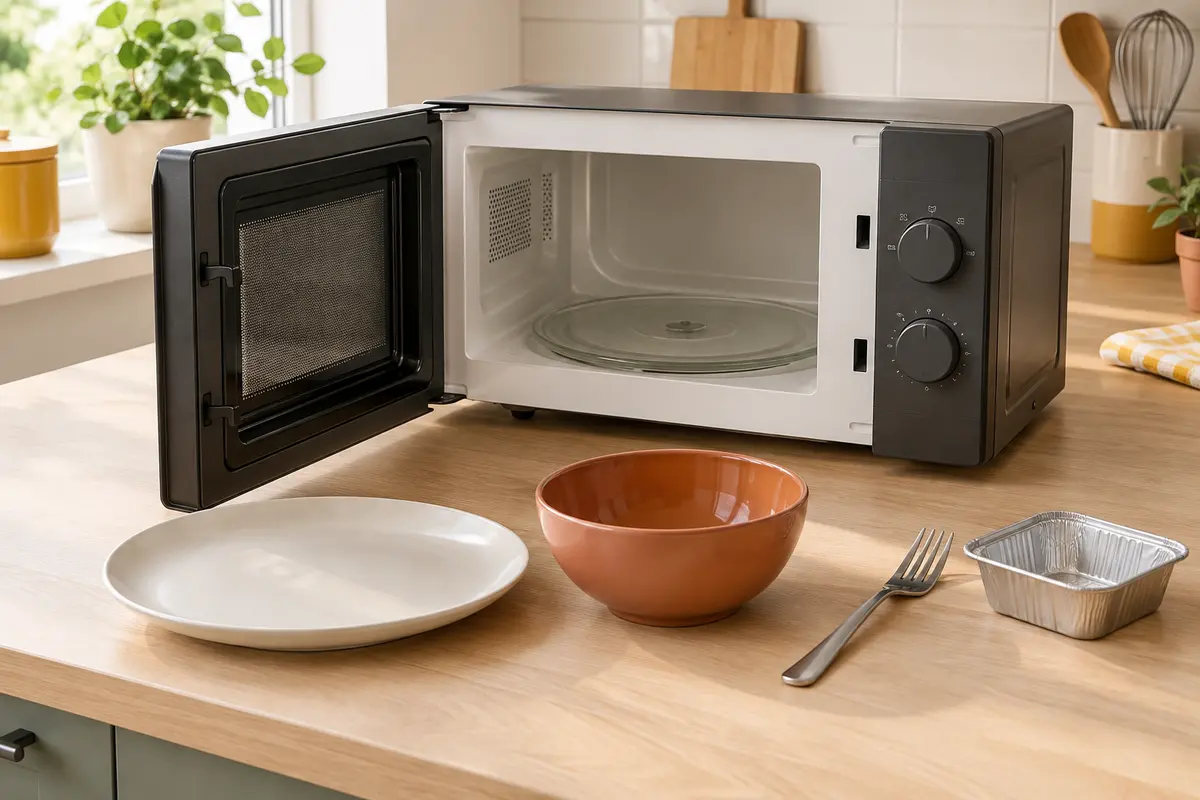 Micro-ondes ouvert avec un bol adapté, tandis qu’une fourchette et une barquette métallique restent à l’extérieur.