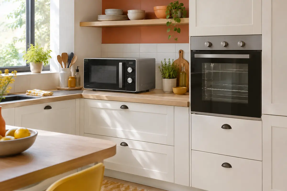 Micro-ondes combiné posé sur un plan de travail près d’un four encastré dans une petite cuisine.