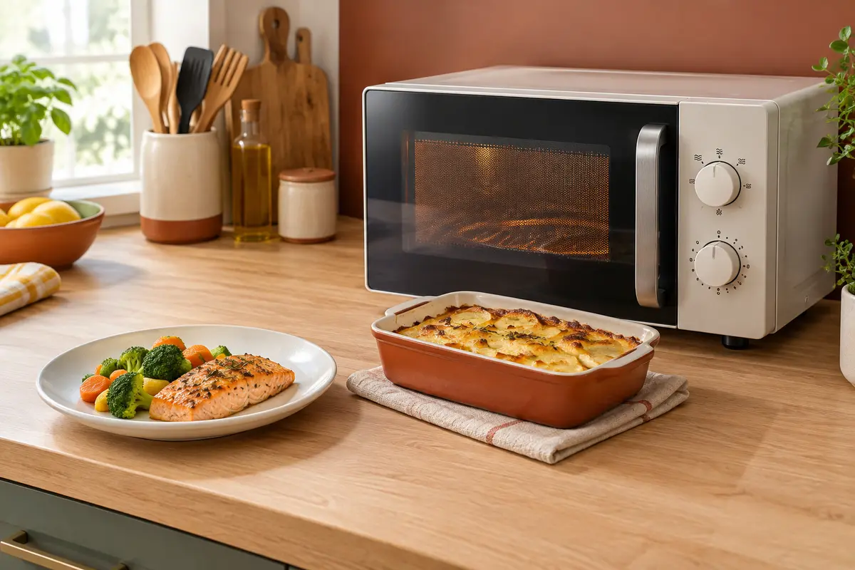 Micro-ondes avec gril à côté d’un plat à gratin légèrement doré sur un plan de travail