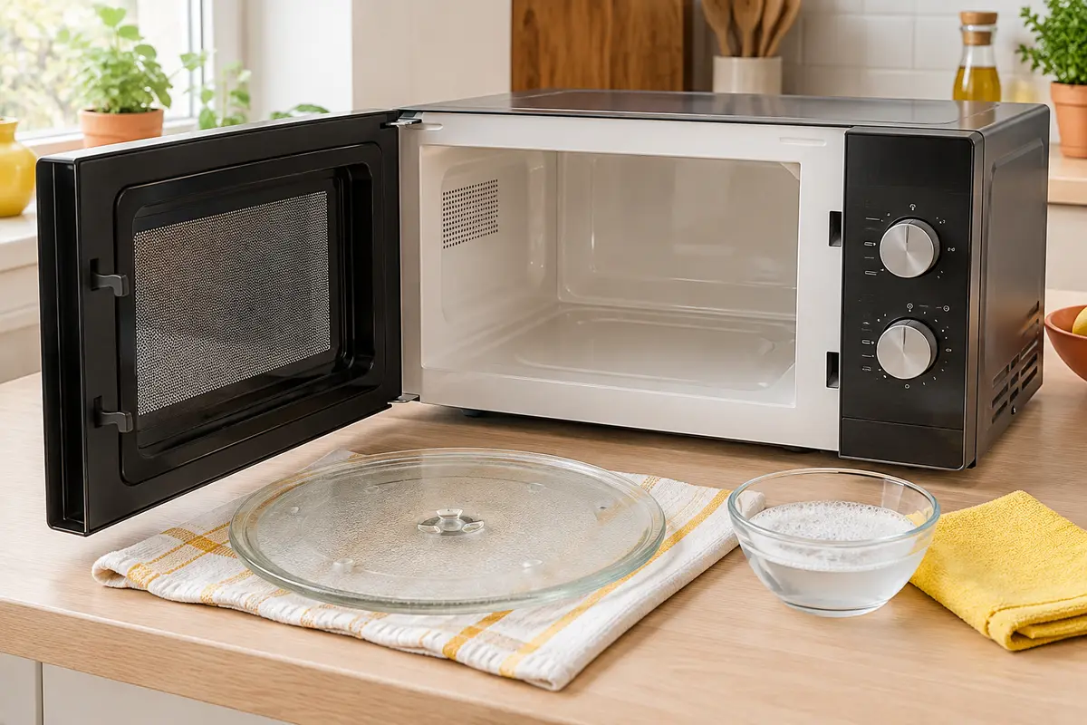 Micro-ondes ouvert et propre avec son plateau en verre posé près d’un chiffon doux