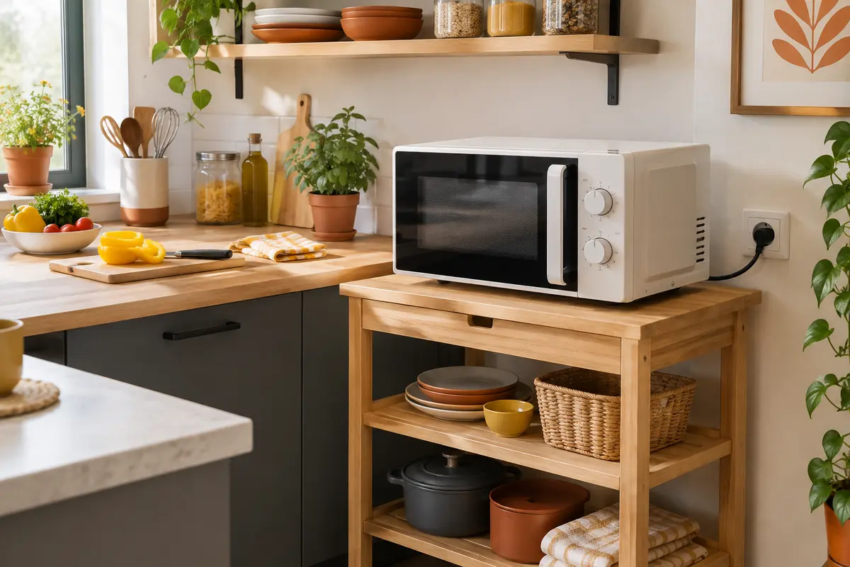Micro-ondes sur une desserte stable dans une petite cuisine, avec ventilation dégagée et plan de travail libre.