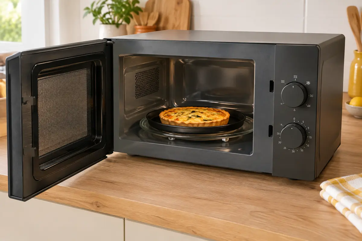 Plat crisp avec une tarte salée à la base dorée dans un micro-ondes ouvert