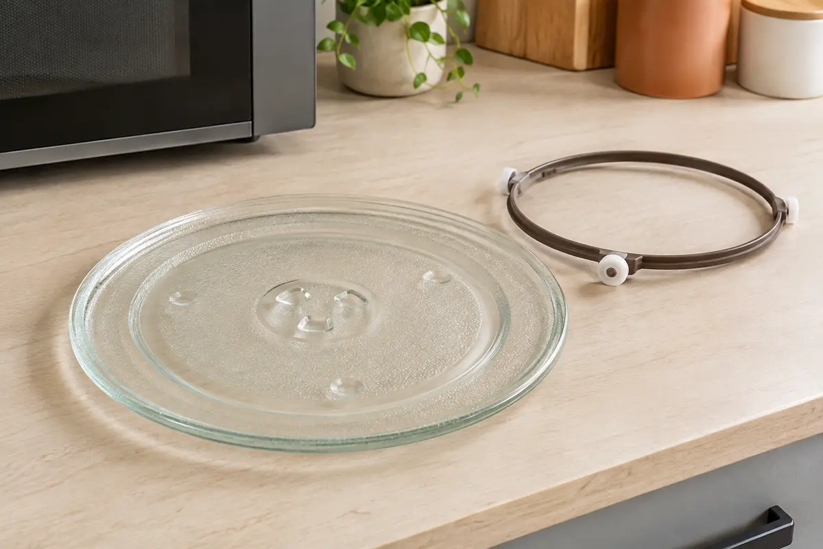 Plateau en verre, moyeu central et couronne à roulettes séparés pour vérifier leur compatibilité.