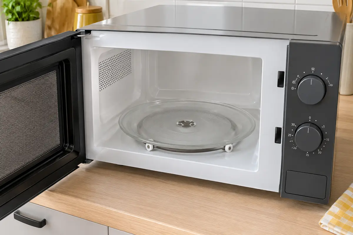 Plateau en verre correctement posé sur sa couronne à roulettes dans la cavité d’un micro-ondes propre.