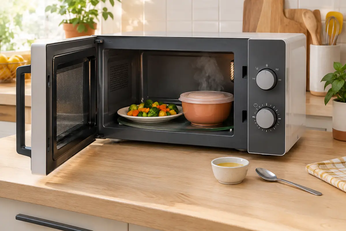 Micro-ondes ouvert avec une assiette de légumes et un bol couvert sur un plan de travail clair