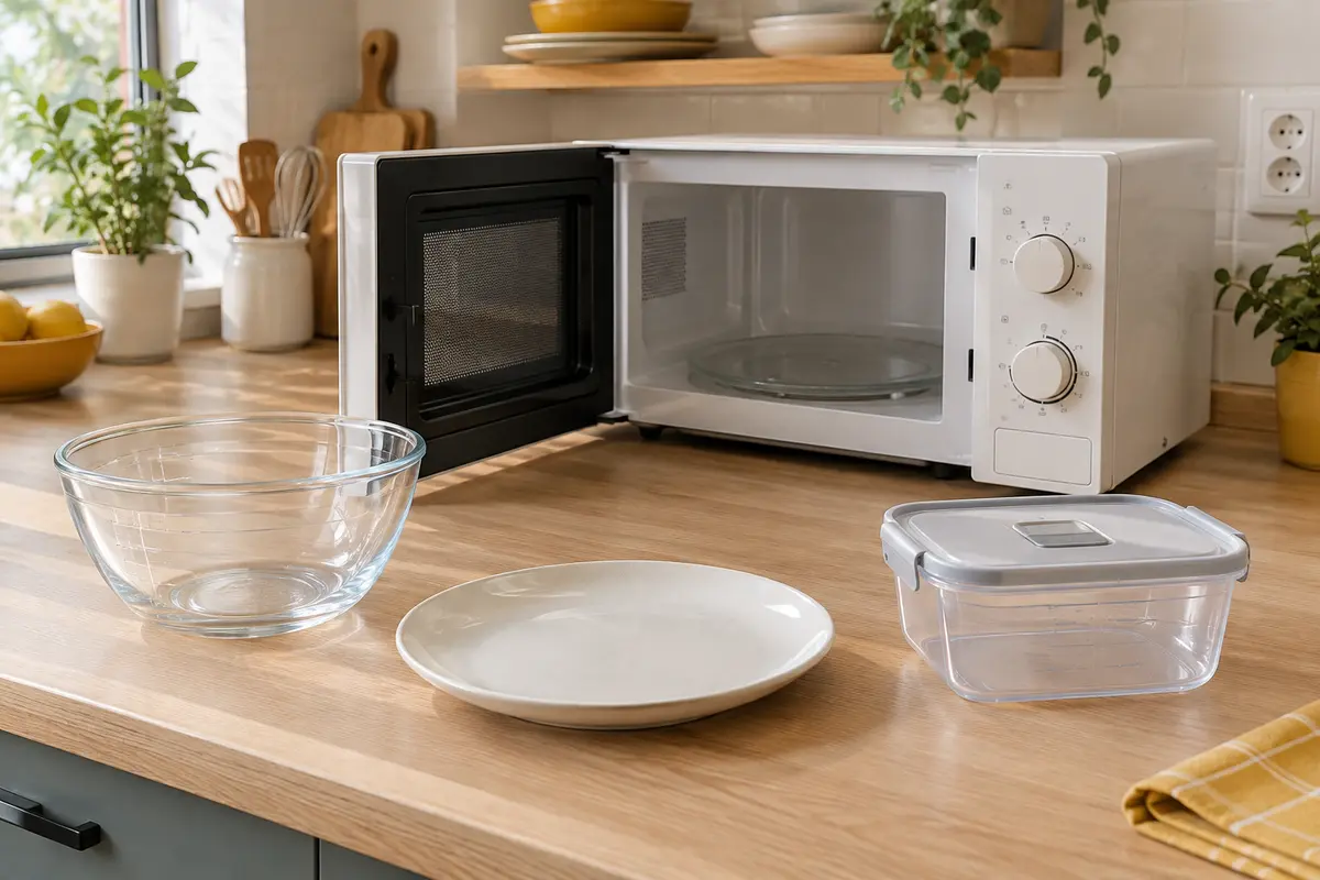 Récipients en verre, céramique et plastique disposés près d’un micro-ondes pour comparer leur usage.