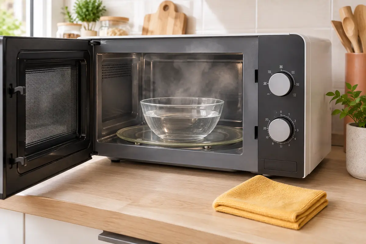 Micro-ondes ouvert avec un bol d’eau et un chiffon doux pour nettoyer les éclaboussures sans rayer la cavité.