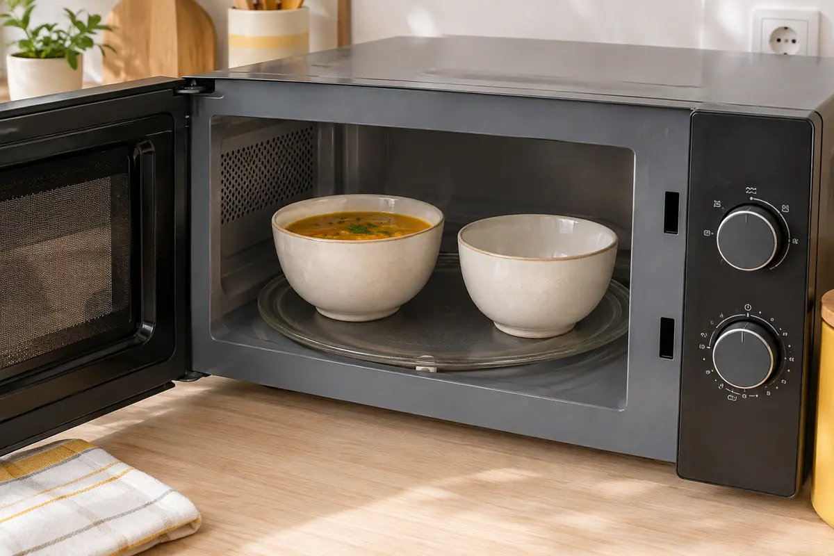 Bol de soupe laissant une marge sous le bord, posé sur le plateau d’un micro-ondes ouvert.