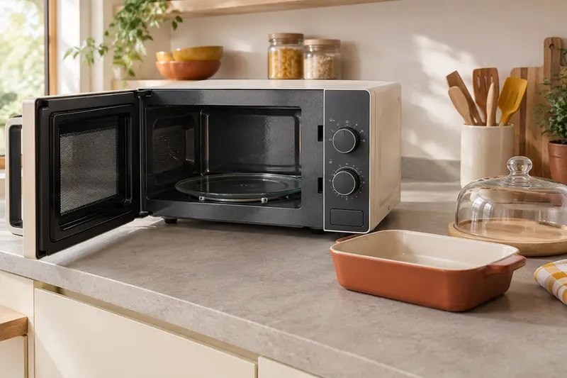 Micro-ondes et accessoires présentés sur un plan de travail dans une cuisine aux tons naturels