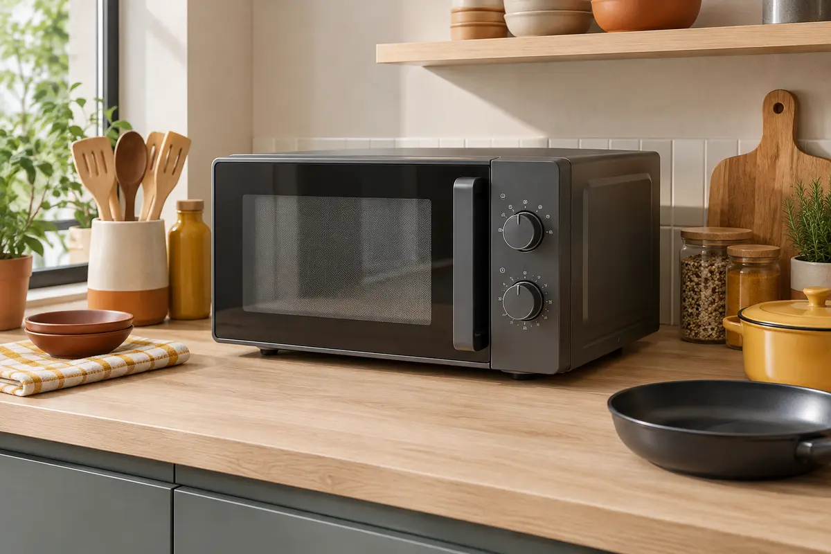 Micro-ondes et accessoires de cuisson sur un plan de travail clair dans une cuisine contemporaine